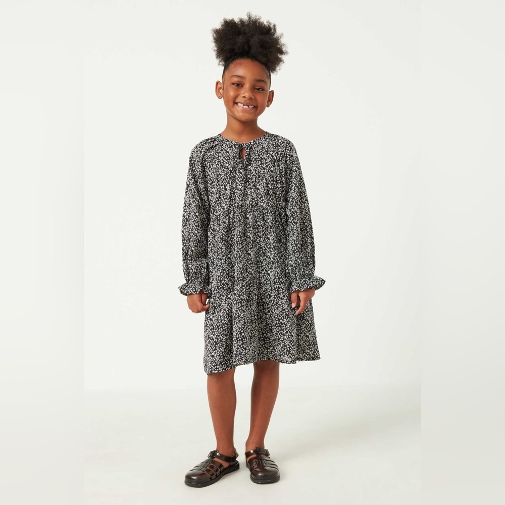 Mango Kids girls long-sleeve dress featuring a black & white floral print size 7